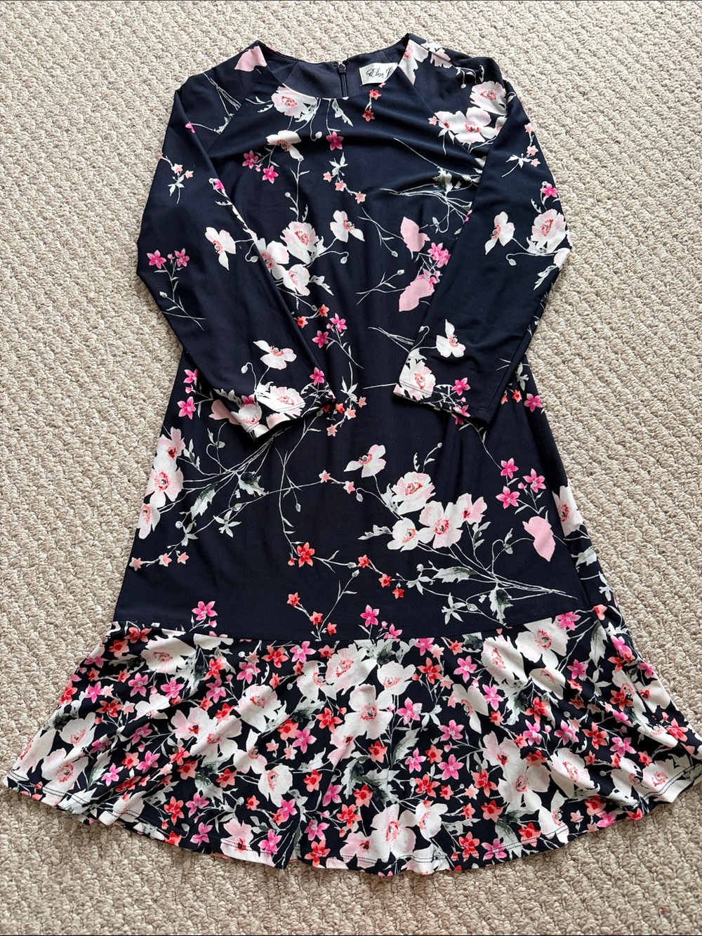 Navy Floral Long-Sleeve Dress with Pink Blooms